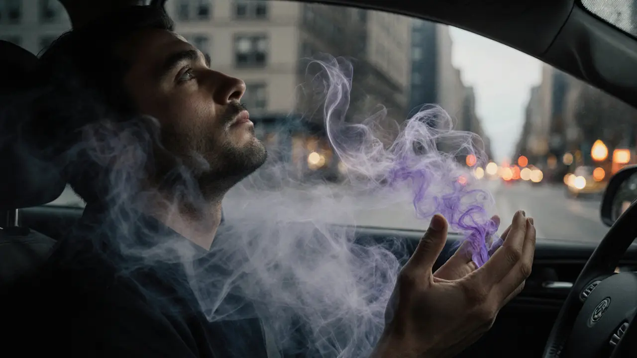 A man in a car after a massage, emotional release symbolized by calming smoke forming gentle hands.