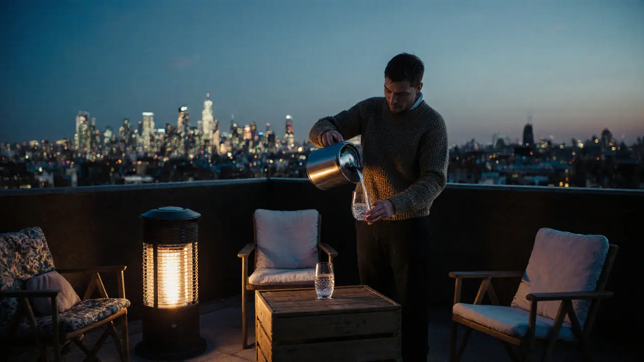 A quiet rooftop garden at dusk with a man pouring gin, overlooking London's skyline.