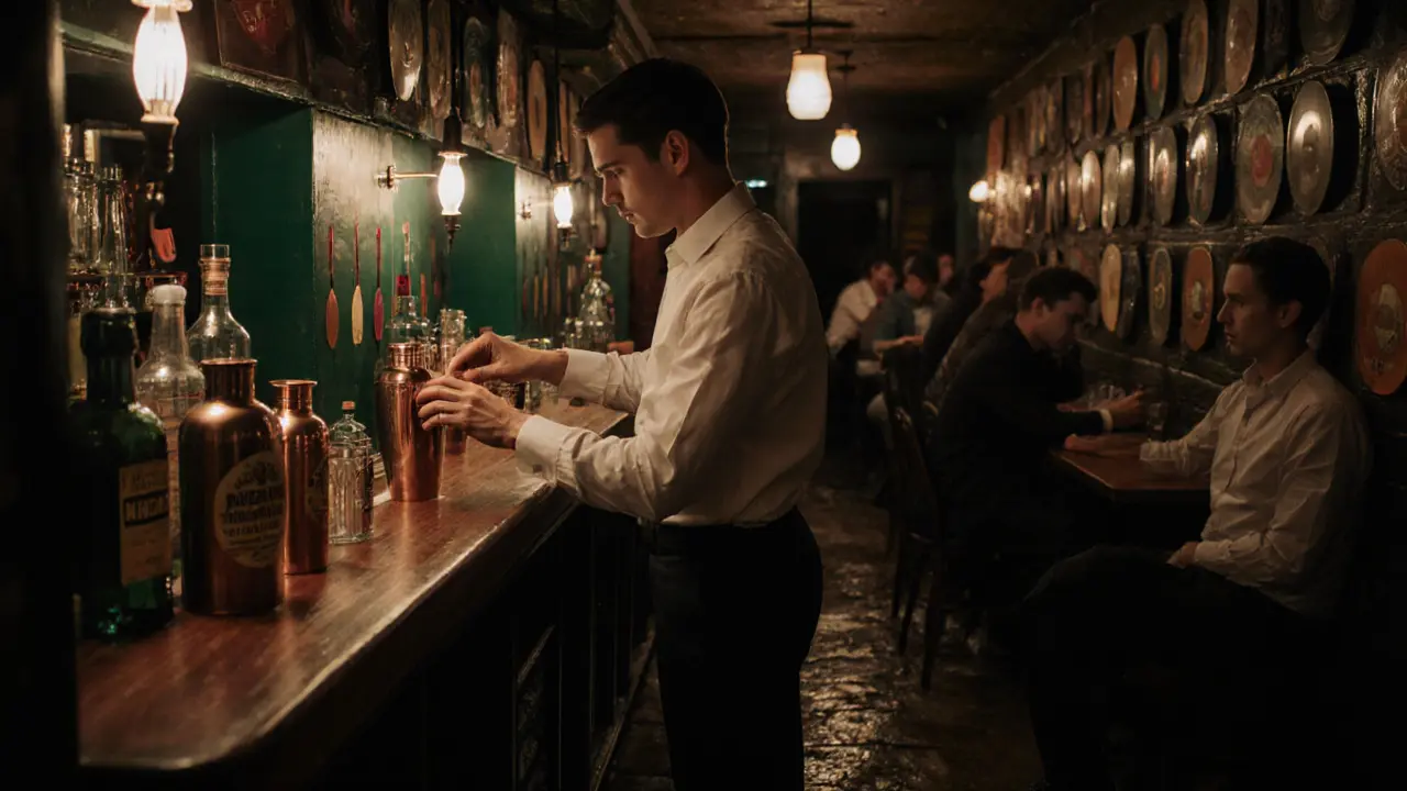 An underground speakeasy lit by oil lamps, with bartenders serving cocktails named after rivers.