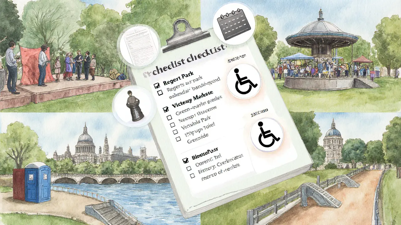 Collage of various London parks showing event setups and subtle planning icons.