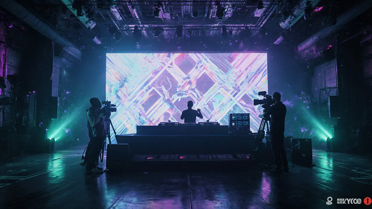 Concept art of XOYO's futuristic LED wall and 3D sound system with a live‑stream crew.
