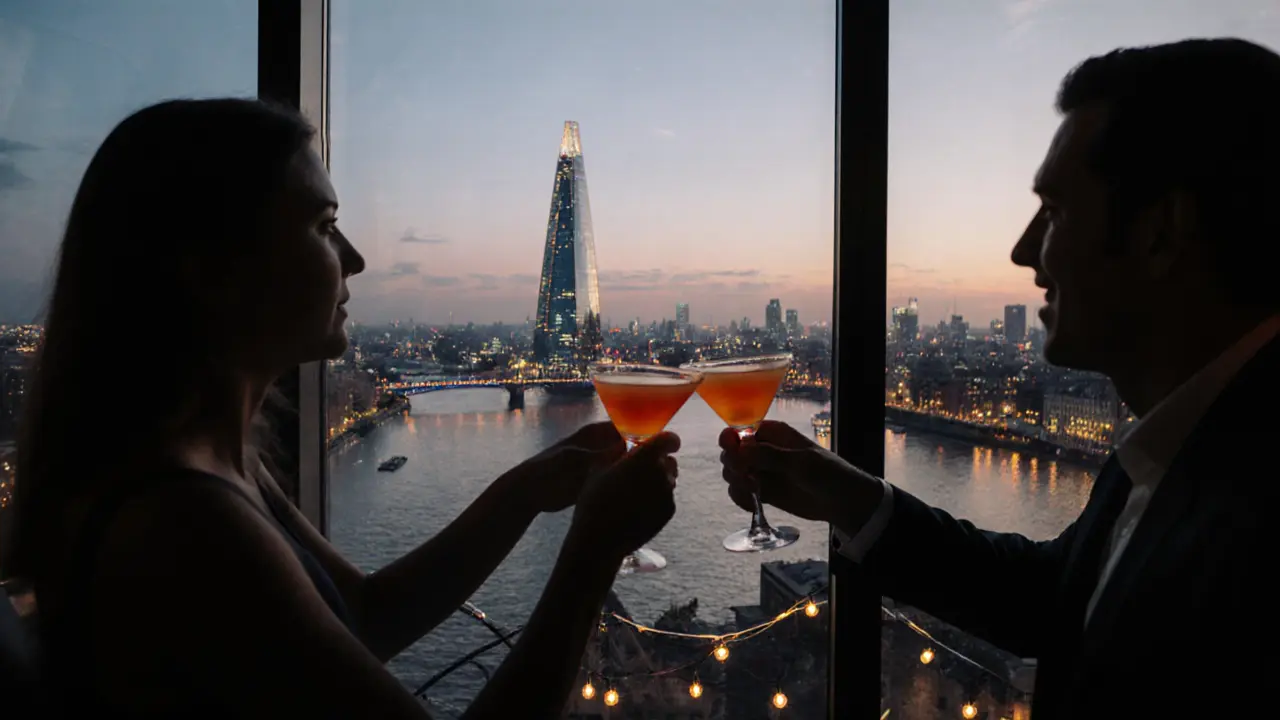 Couple enjoying cocktails on a balcony overlooking the illuminated Thames at dusk.