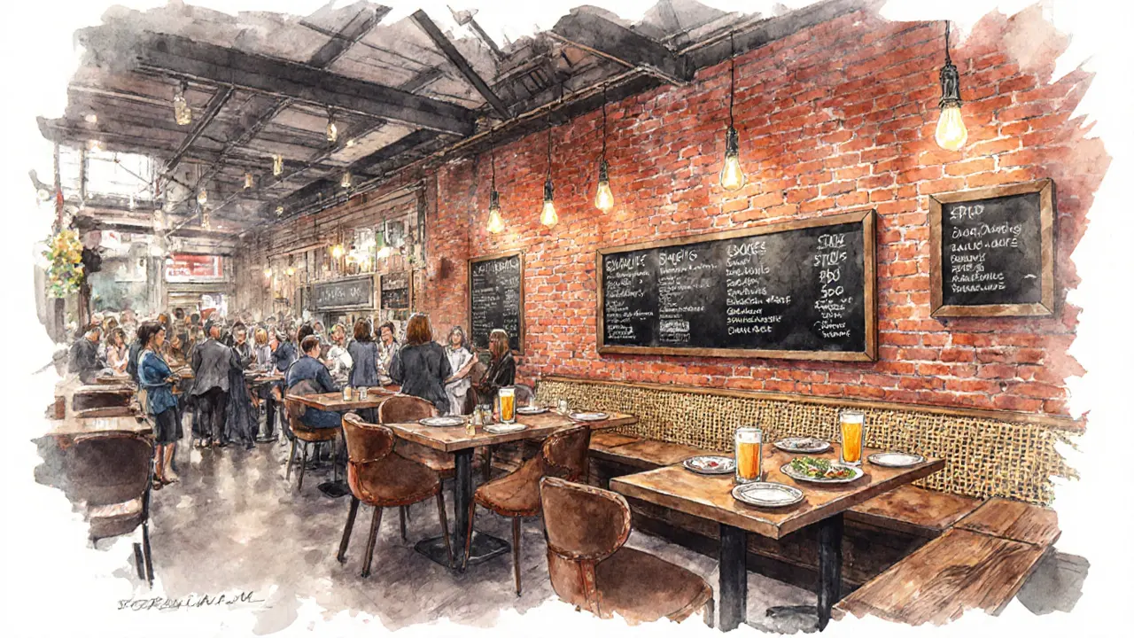 Cozy interior of Borough Market Bar with brick walls, vintage lighting, and small plates.