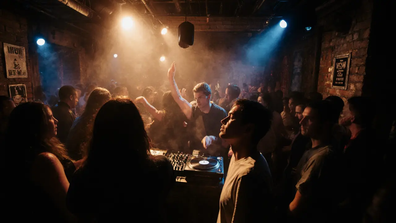 Crowd dancing in the dark, bass-filled basement club with moody colored lights.