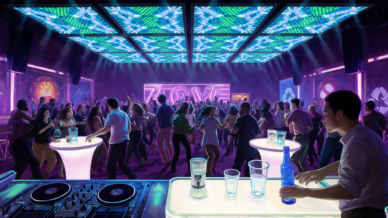 Crowded dance floor illuminated by LED lights, featuring reusable glass cups and a zero‑waste bar.