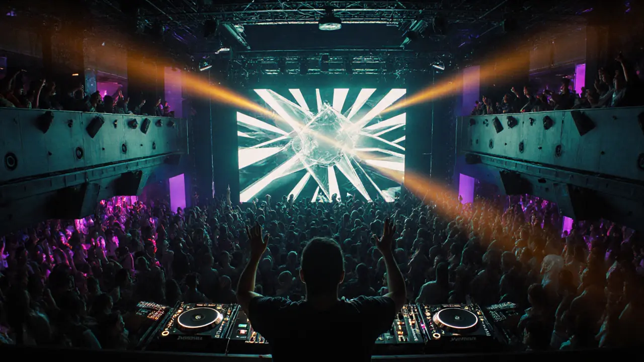 Crowded dance floor inside XOYO with vibrant light show and DJ.