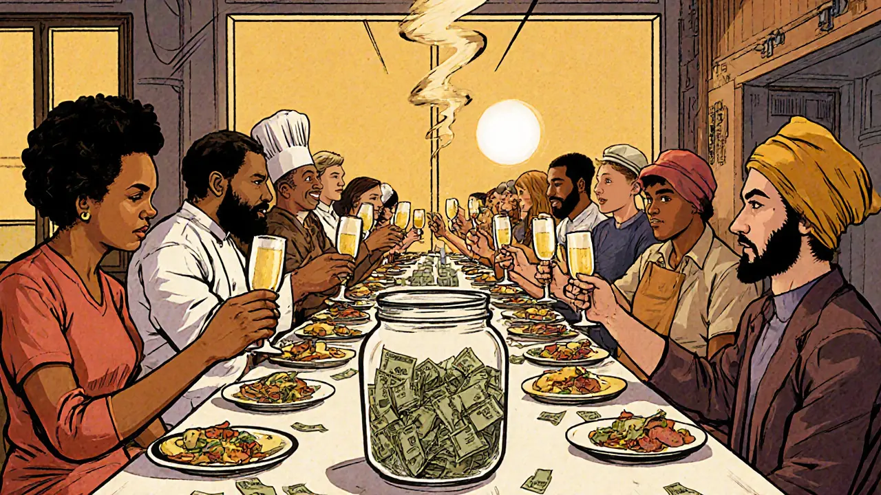Diverse group celebrating at a restaurant with refugee chefs, raising glasses at a communal table