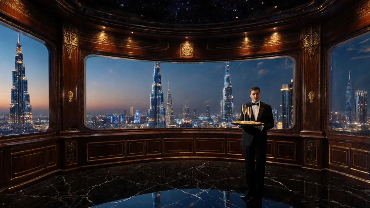 Dubai Opera Royal Box with butler, champagne, and Burj Khalifa view.