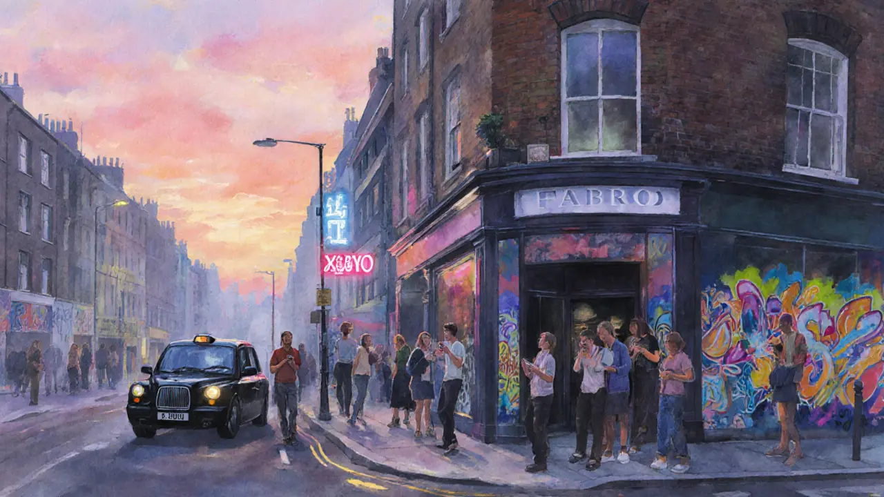 Early morning outside Fabric showing sunrise, relaxed clubbers, a black cab, and nearby XOYO sign.