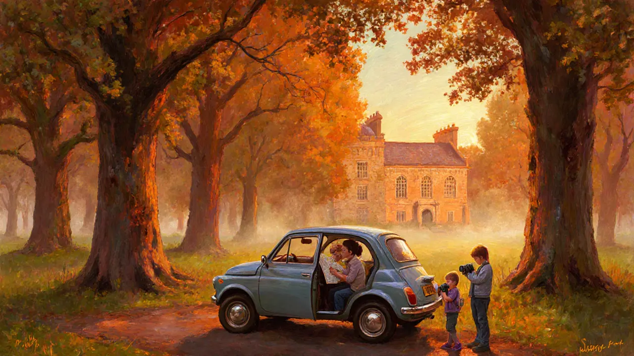 Family car stopped on Epping Forest lane, golden sunlight through ancient oaks, hunting lodge visible.