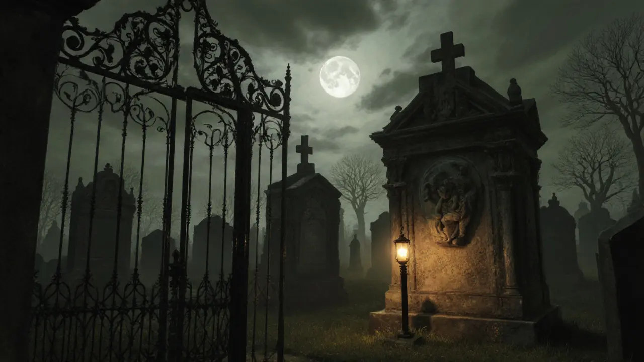 Foggy night at Highgate Cemetery with a lantern lighting a sealed Victorian tomb.