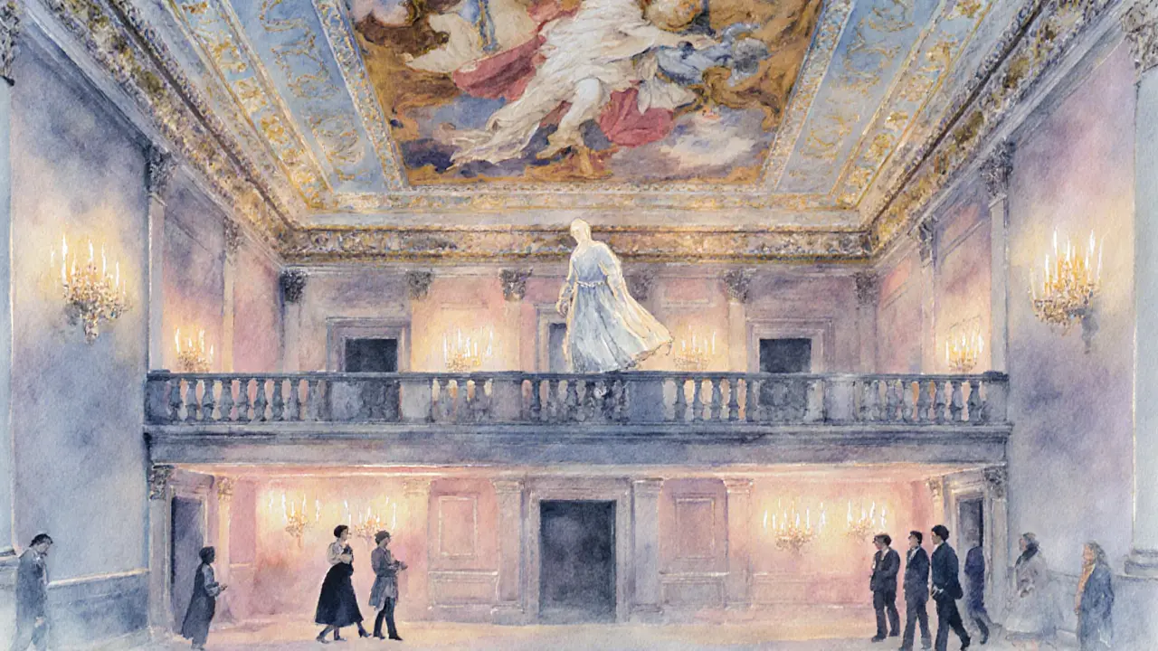 Ghost of Inigo Jones appears on the Banqueting House balcony at dusk.