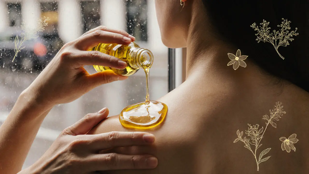 Hands pouring aromatic oil onto a bare back, golden light catching the scent-infused liquid.