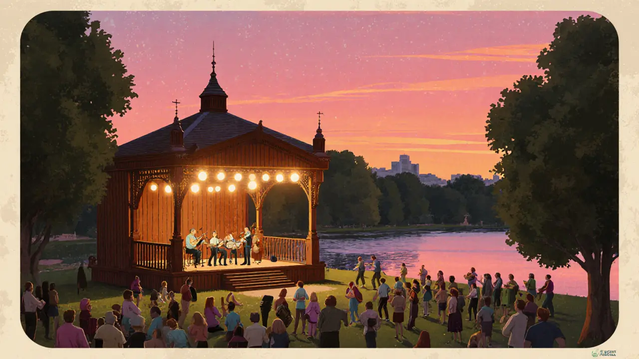 Hyde Park Bandstand at sunset with a small audience and a folk band performing.