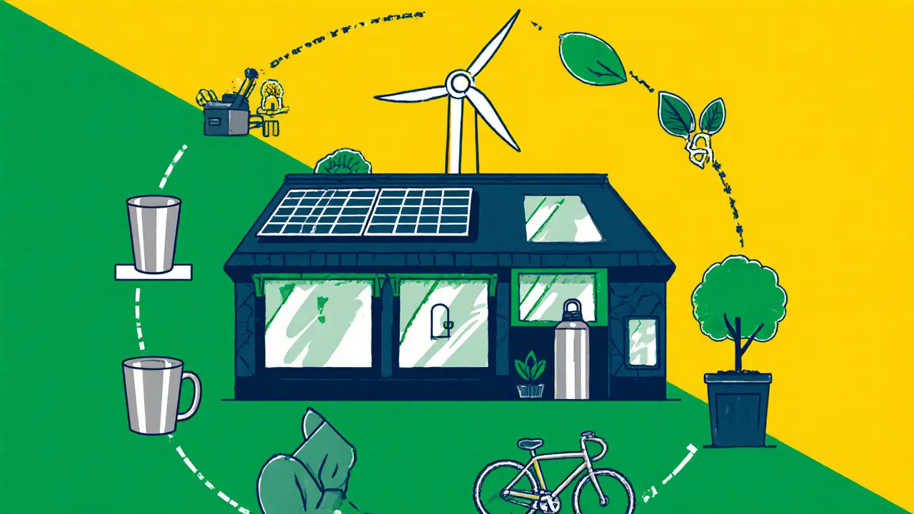 Illustrated collage of a club surrounded by wind turbine, solar panels, reusable cup, bike and tree icons.