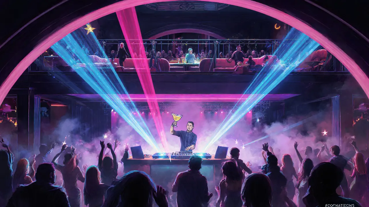 Illustrated interior of XOYO showing DJ booth, laser lights, mezzanine lounge, and dancing crowd.