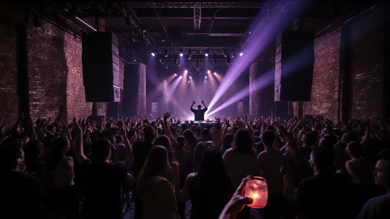 Inside Fabric's main room with exposed brick, massive speakers, DJ, and dancing crowd under laser lights.