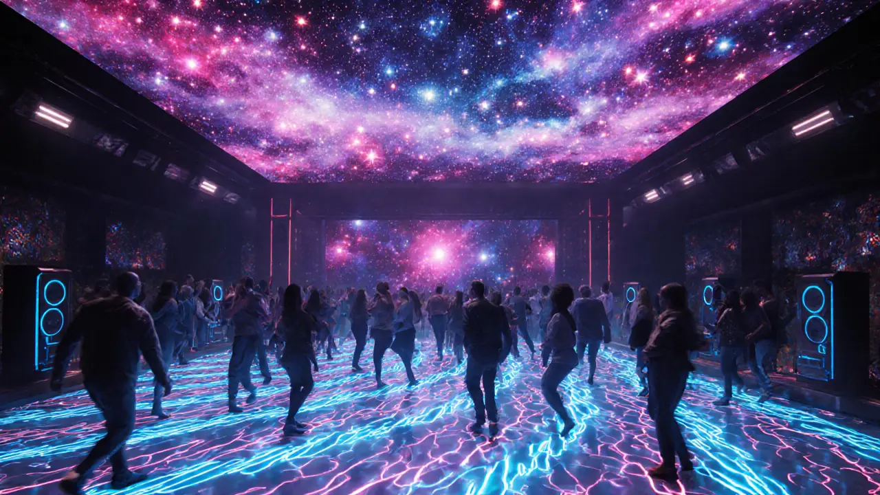 Interior dance floor with LED ceiling of shifting stars and rippling floor lights.