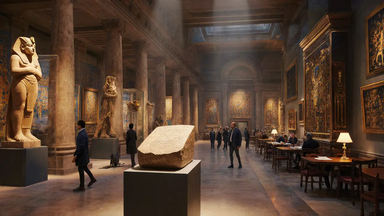 Interior view featuring the Rosetta Stone, Egyptian statues, Enlightenment gallery, and Reading Room.