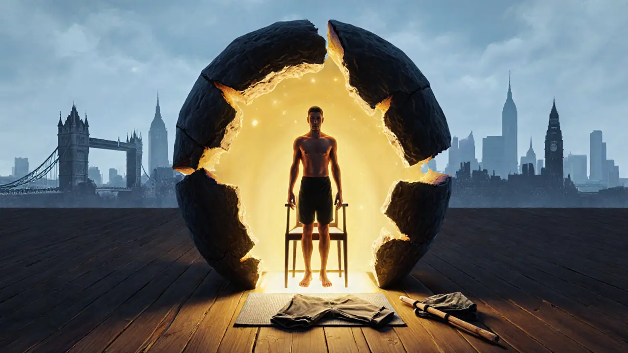 Man emerging from a shattered desk chair into light, symbolizing rebirth through Thai massage.