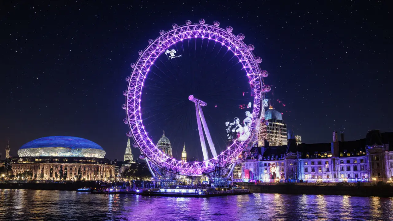 Night scene of the illuminated London Eye with glowing capsules and reflected city lights on the river.