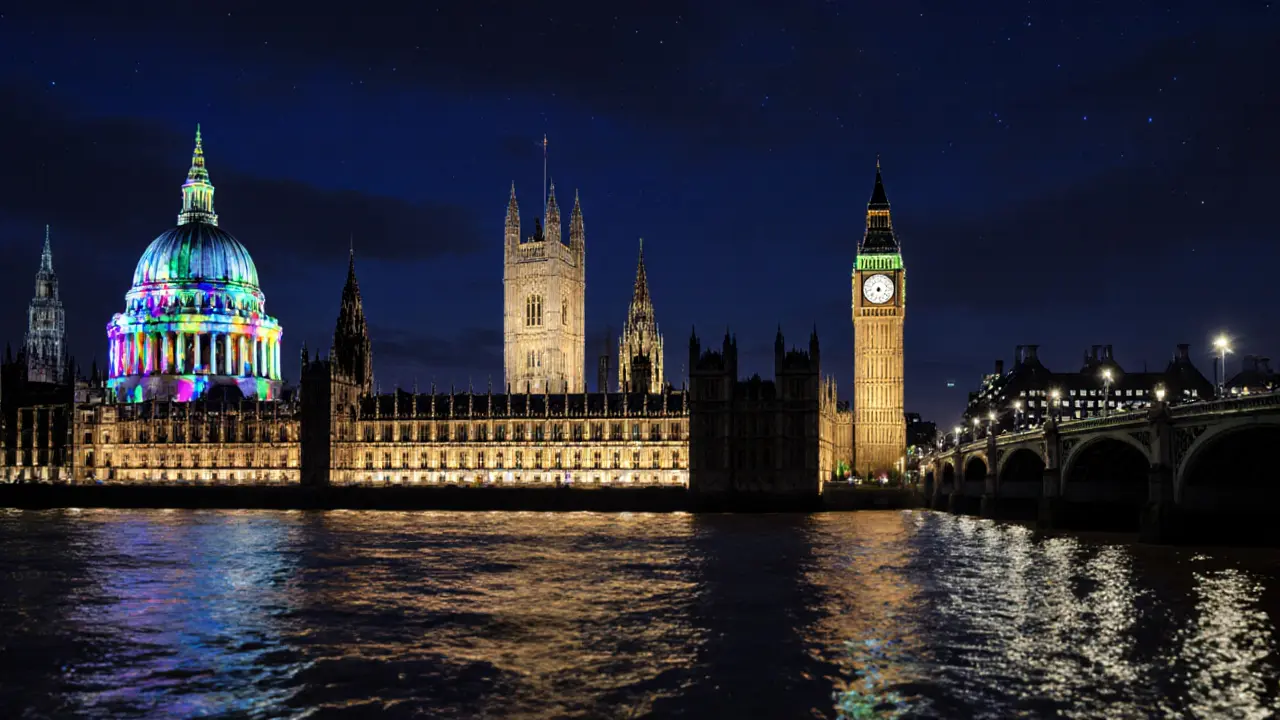 Nighttime digital artwork showing Westminster Abbey, St. Paul's dome light show, Parliament and the Globe Theatre illuminated over the river.