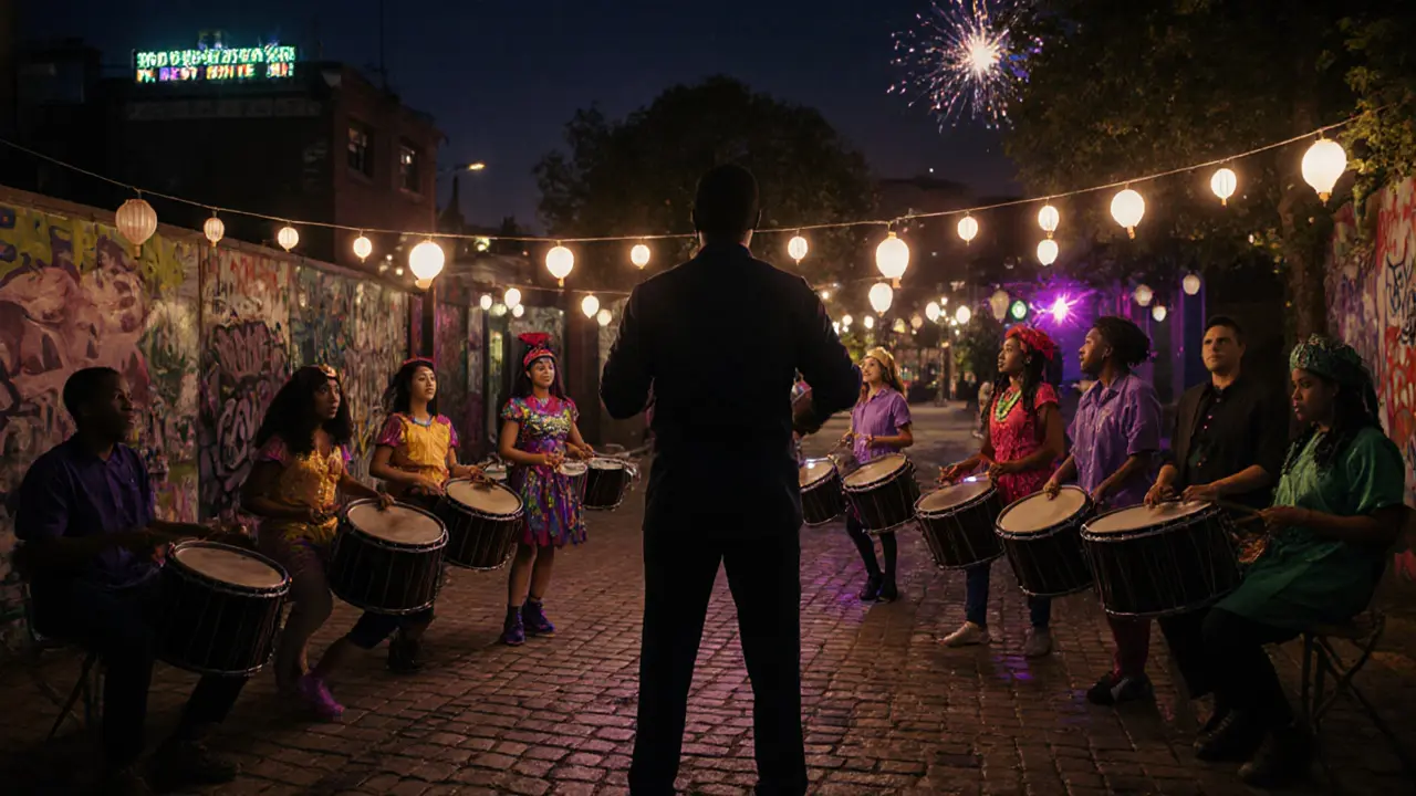 Notting Hill Carnival workshop with participants playing steel‑pan drums.