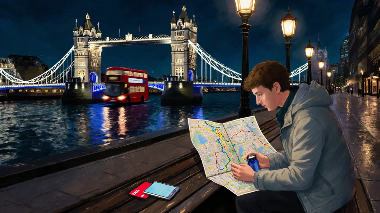 Person checking a phone and map on a riverside bench near Tower Bridge, with a bus passing.