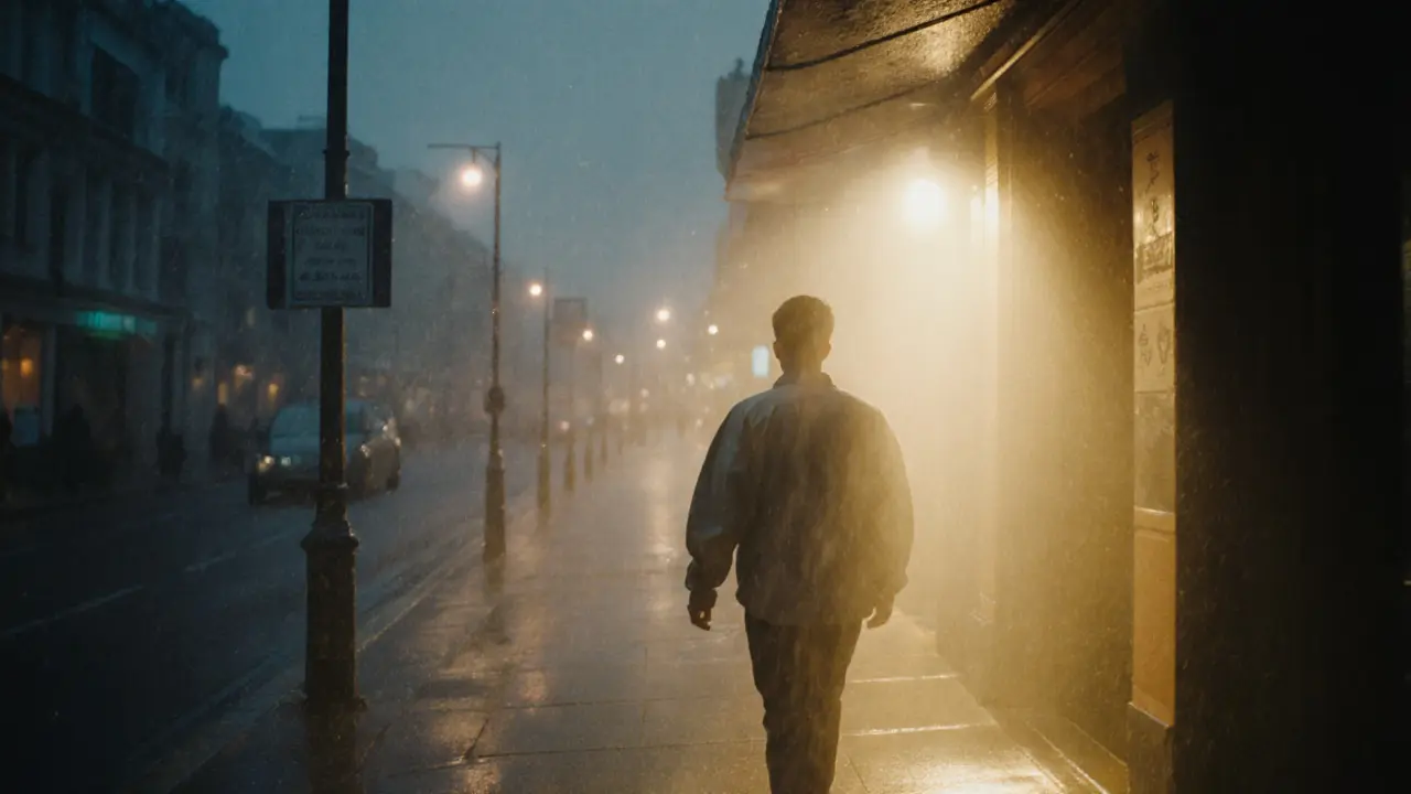 Person leaving a massage studio, surrounded by soft city lights and a gentle aura.