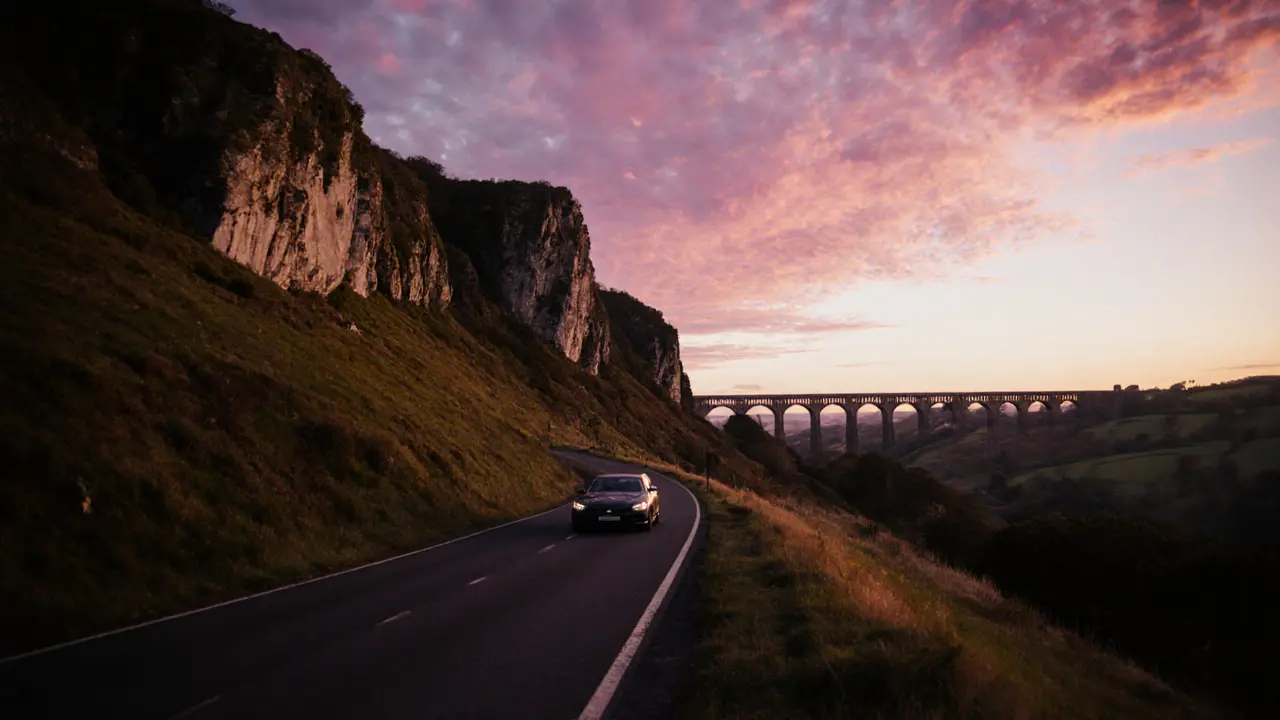 Sunset over Box Hill's chalk cliffs with a car cruising along a winding road under pink sky.