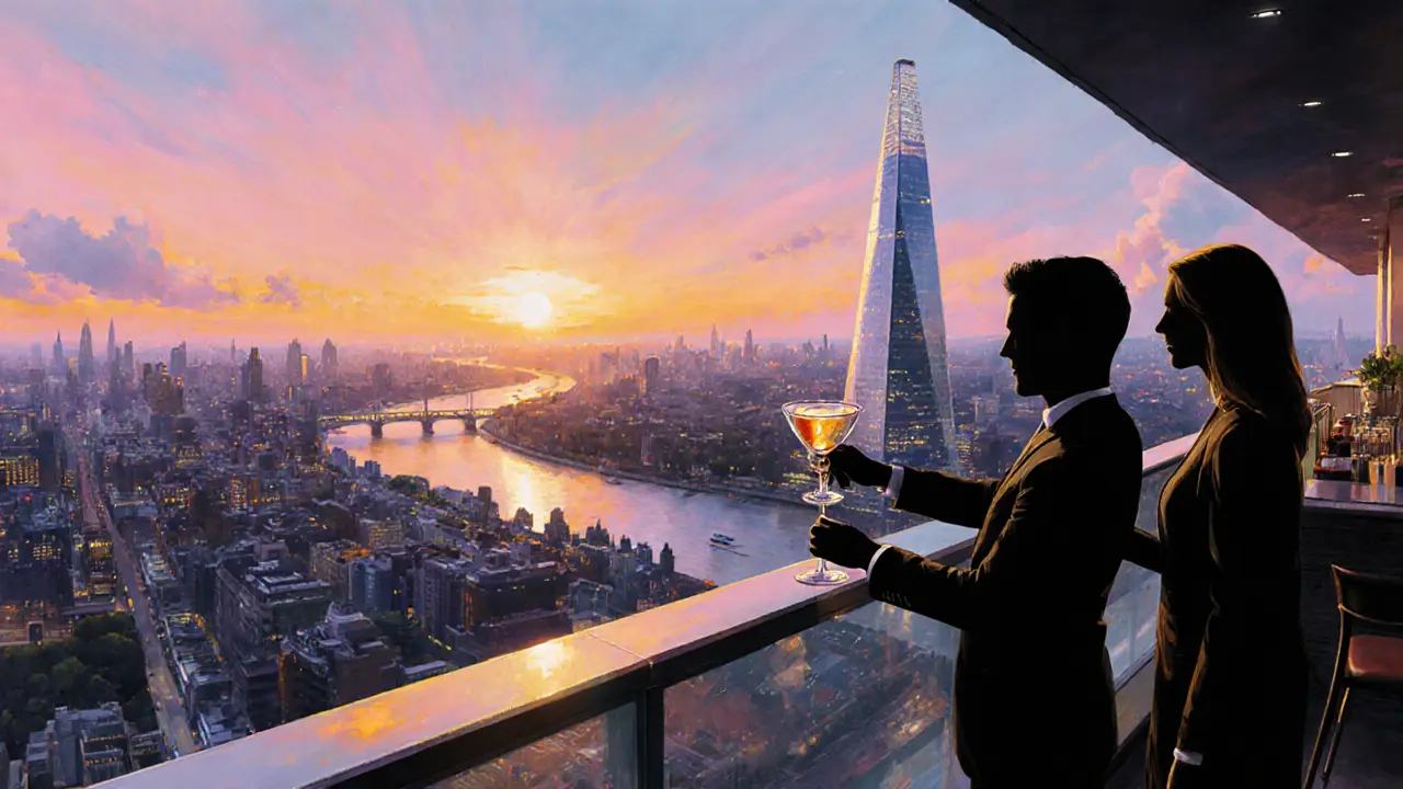 Sunset view from a rooftop bar at The Shard, with cocktail glasses and city lights.