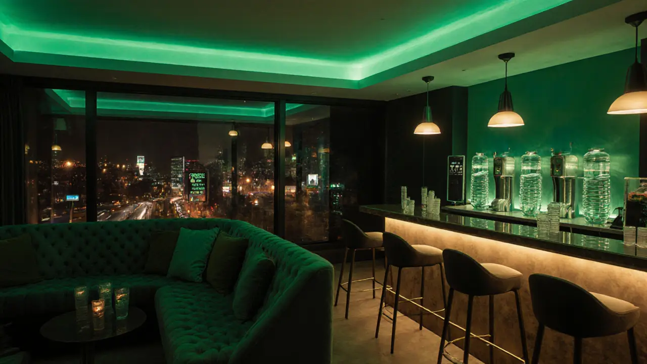 Sustainable VIP lounge area with green lighting and biodegradable cups.
