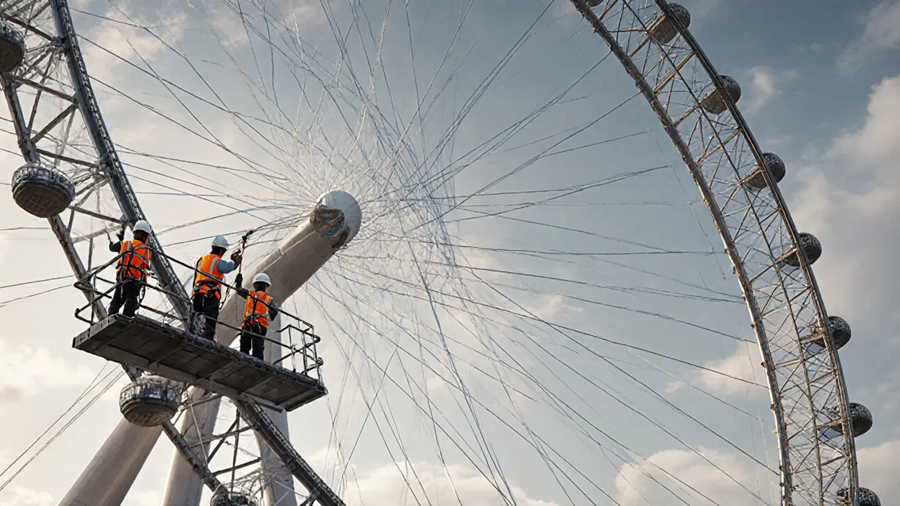 Technical illustration of the Eye's cable spokes and technicians inspecting them on a platform.