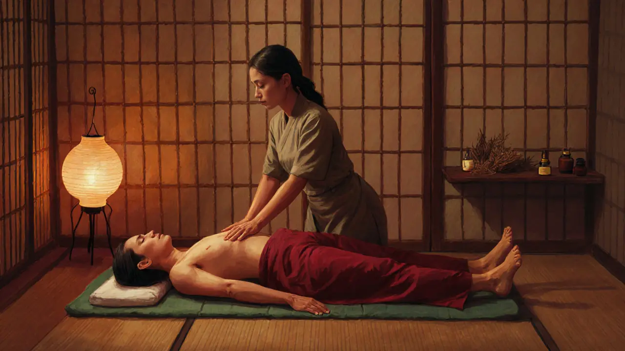 Therapist performing Thai stretch on a client inside a tranquil Asian massage room.