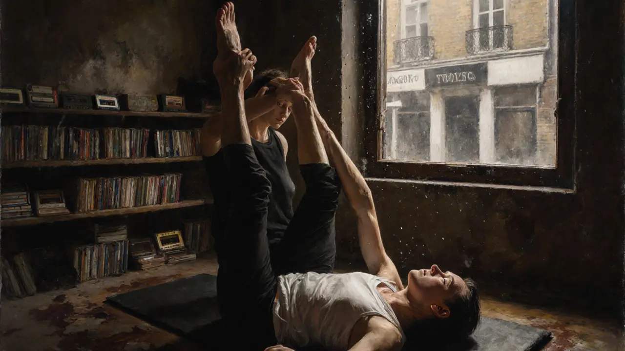 Therapist stretching client's legs overhead during an intense, authentic Thai massage session.