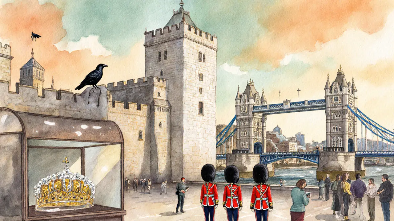 Watercolor of the Tower of London courtyard with Beefeaters, ravens, Crown Jewels display, and Tower Bridge in the background.