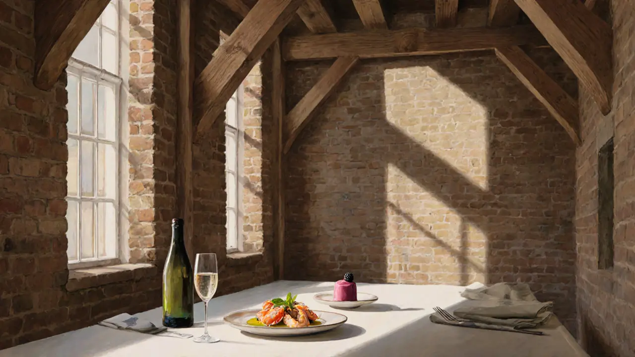 A beautifully plated dish of Cornish crab and blackberry whey dessert in a quiet, elegant townhouse dining room.