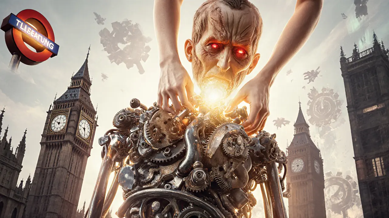 A conceptual image of a human body as a mechanical engine being repaired by golden light hands amid London symbols.