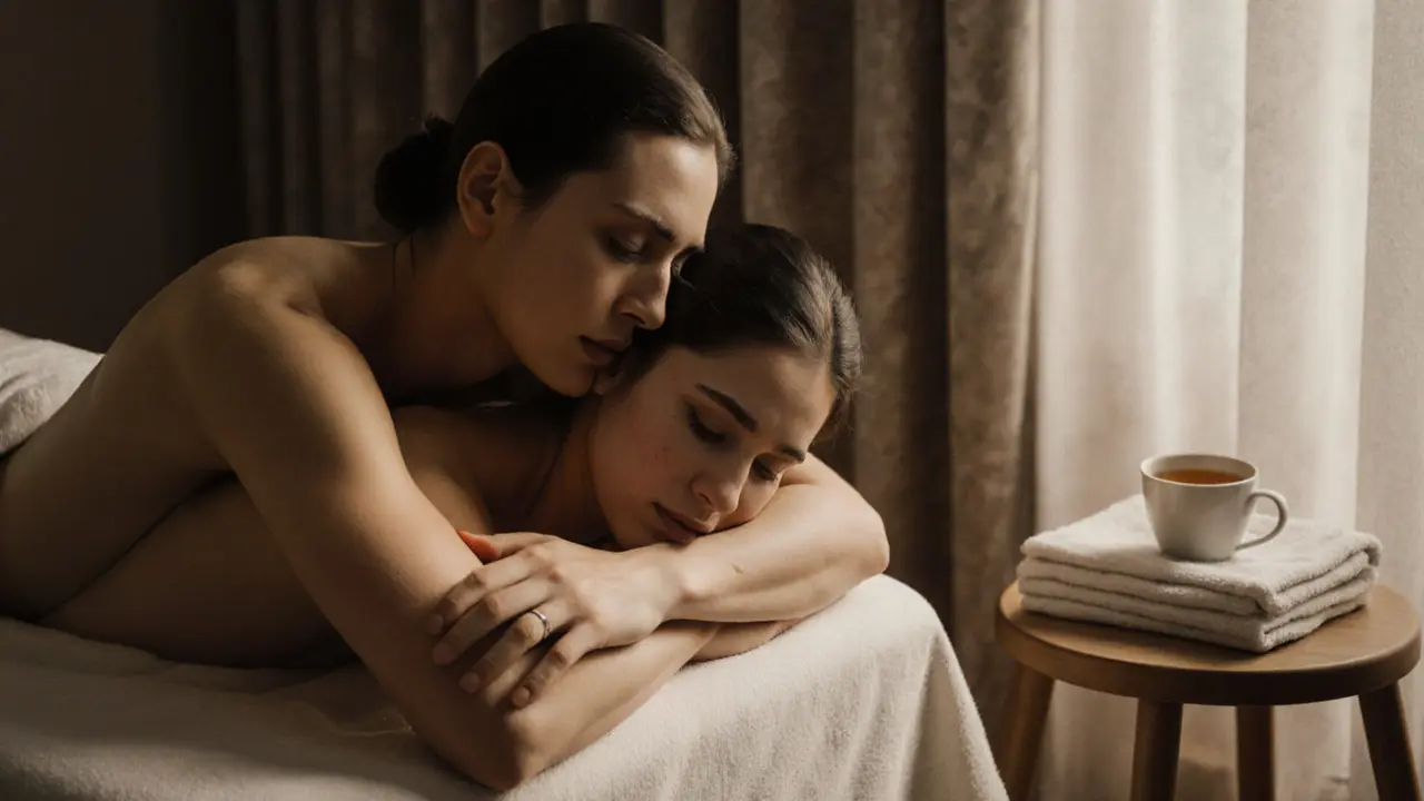 A couple embraces after a massage, skin glowing, fingers intertwined, morning light filtering through curtains in silent intimacy.