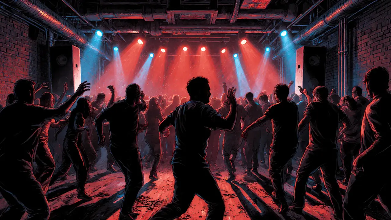 A crowded dance floor at Fabric nightclub, bathed in pulsing lights, with silhouettes moving to deep techno beats.