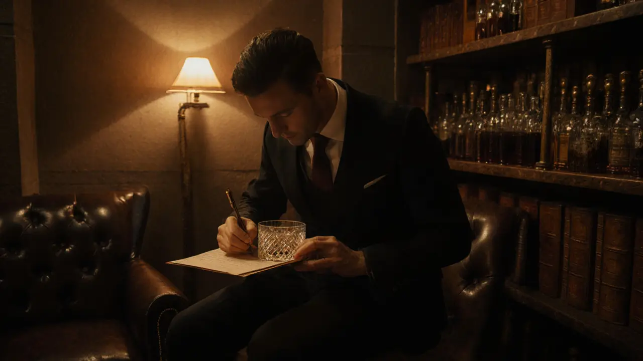 A dimly lit 19th-century bank vault bar with leather chairs, crystal glasses, and handwritten cocktail recipes on old ledger paper.