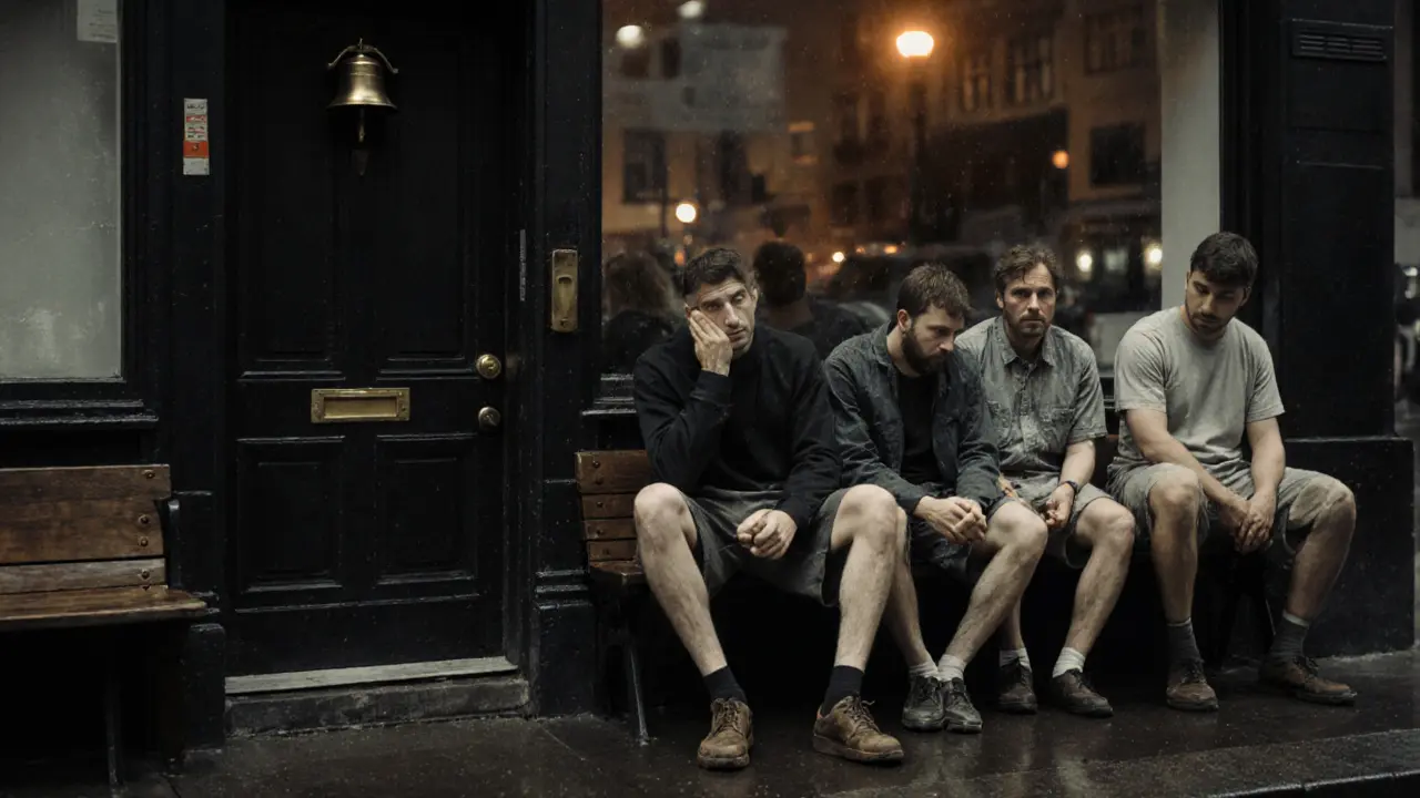 A group of men sit silently on benches outside an unmarked door in Southall, London, awaiting massage.
