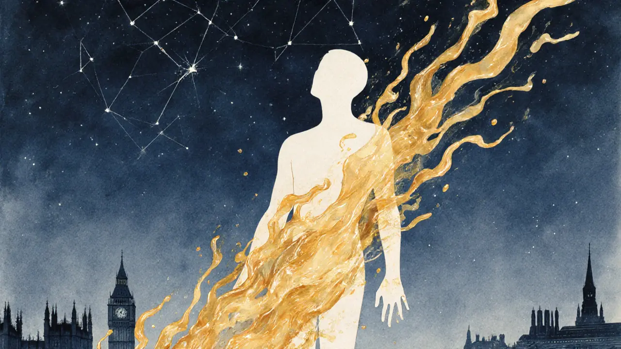 A human form dissolving into golden honey-like streams, symbolizing release and peace after massage.