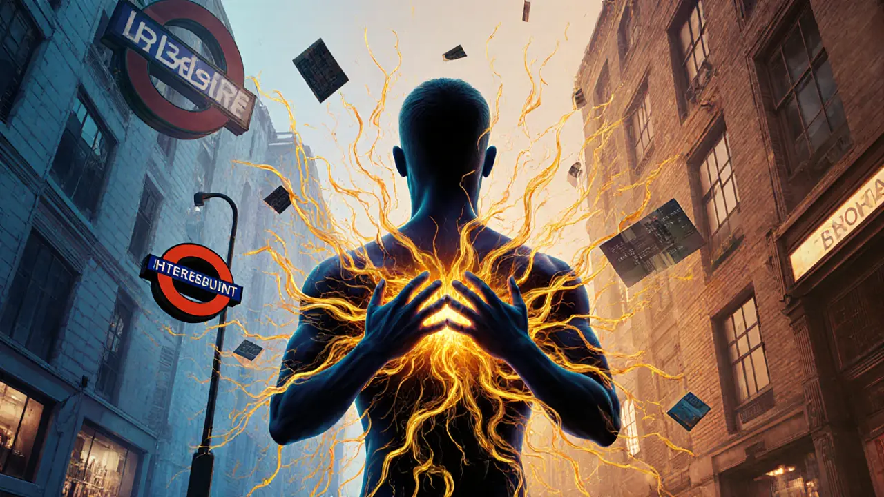 A human silhouette dissolving into heat and light, with abstract London elements floating around.