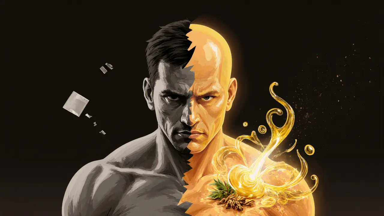 A man&#039;s body splits between stress and healing, with oil and herbs flowing through his relaxed side.