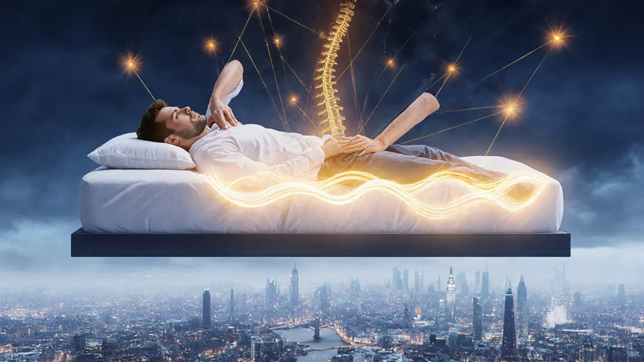 A man floats above London as golden light releases his tension, symbolizing emotional reset.