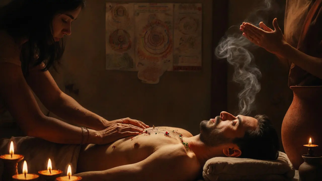 A man in emotional release during a tantric massage, tears on his face, therapists working in silence with oil lamps.