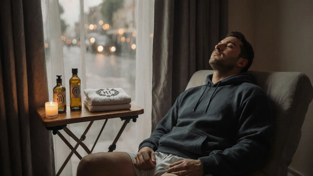 A man relaxes during a mobile massage, surrounded by towels, oil bottles, and warm lamplight in his apartment.