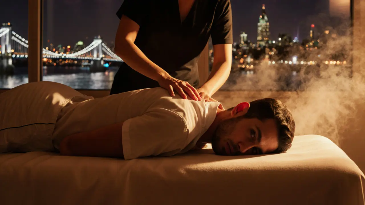 A man relaxing on a massage table in pajamas as a therapist works on his back, city lights glowing through the window.