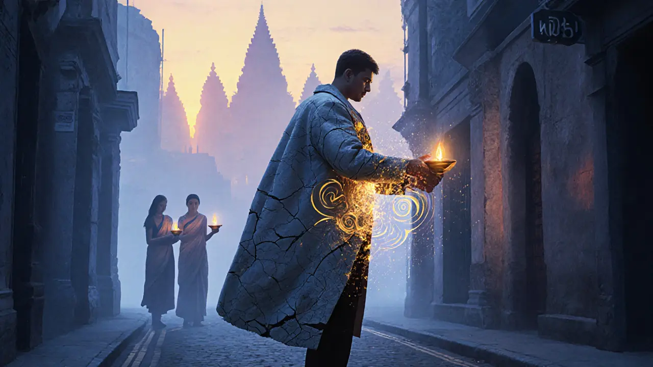 A man shedding a concrete coat that turns into glowing energy points and mantras, symbolizing spiritual rebirth.